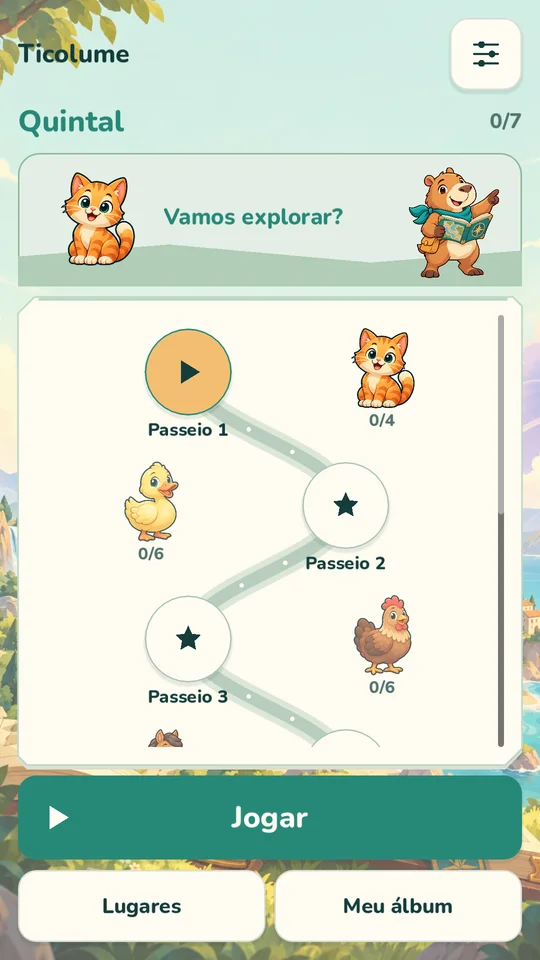 Tela real do jogo: uma trilha de passeios com Tico.